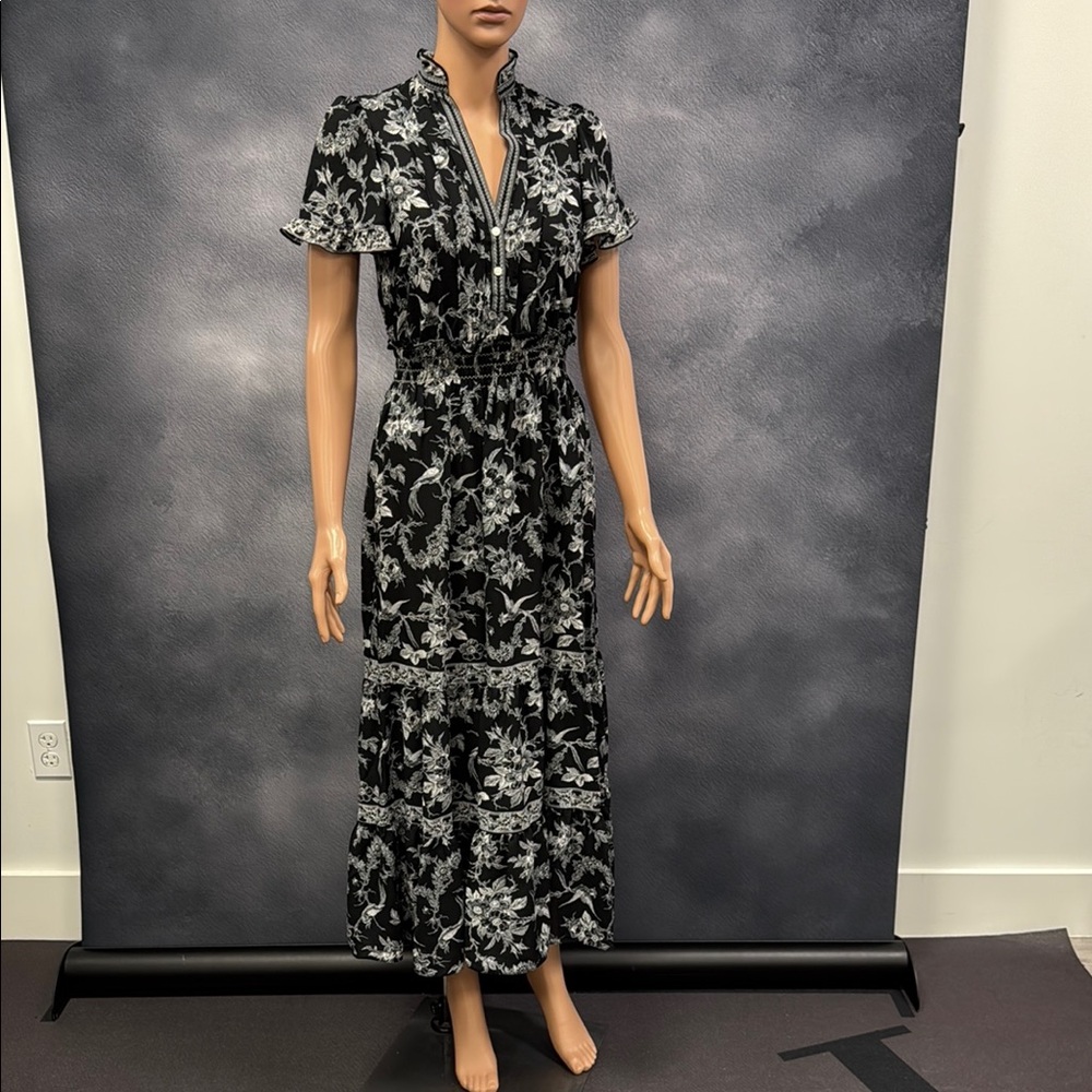 Black and White Flutter Sleeve Wrap Maxi Dress